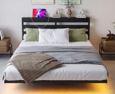 Double 4ft6 Floating Bed Frame with LED Lights, Metal Platform Bed Frame with USB Charging Station Double Size, No Box Spring Needed, Metal Slat Support, Noise Free, Black