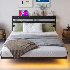 Double 4ft6 Floating Bed Frame with LED Lights, Metal Platform Bed Frame with USB Charging Station Double Size, No Box Spring Needed, Metal Slat Support, Noise Free, Black