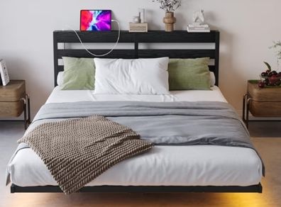 Double 4ft6 Floating Bed Frame with LED Lights, Metal Platform Bed Frame with USB Charging Station Double Size, No Box Spring Needed, Metal Slat Support, Noise Free, Black