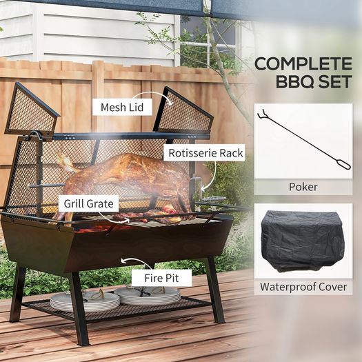 3-in-1 Barbecue Grill, Rotisserie Roaster and Fire Pit, with Cover