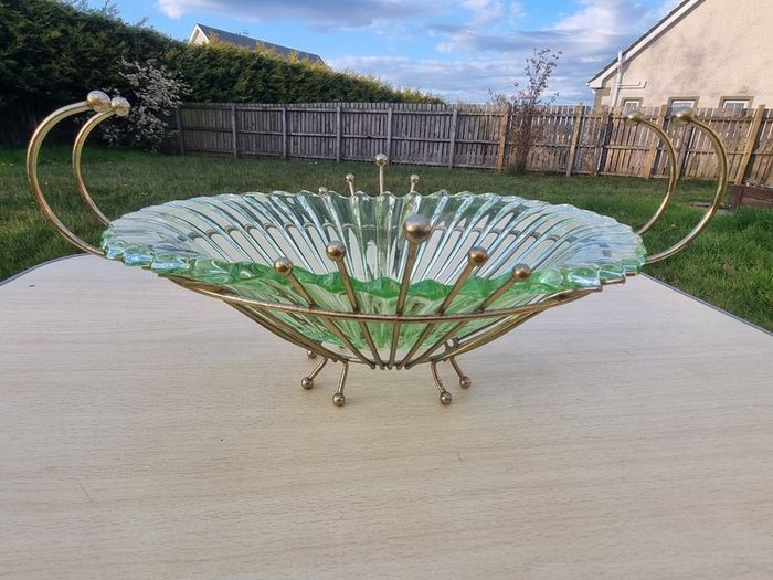 Vintage green uranium glass platter set in a brass frame