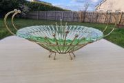 Vintage green uranium glass platter set in a brass frame