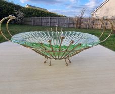 Vintage green uranium glass platter set in a brass frame