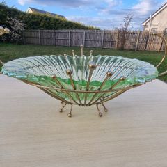 Vintage green uranium glass platter set in a brass frame