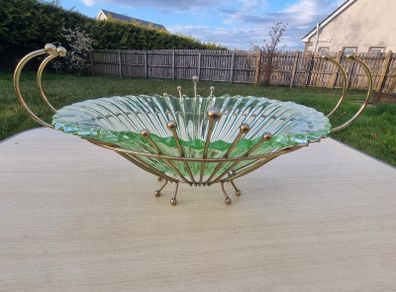 Vintage green uranium glass platter set in a brass frame