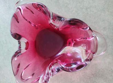 Cranberry pink art glass ashtray Murano style layered glass.