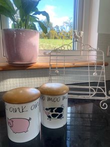 ceramic jars with wooden lids & metal cookbook stand bundle