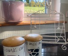 ceramic jars with wooden lids & metal cookbook stand bundle