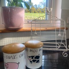 ceramic jars with wooden lids & metal cookbook stand bundle