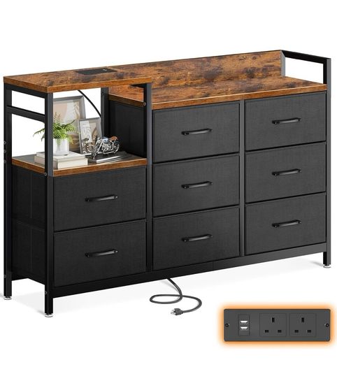 Chest of Drawers Bedroom, 8 Fabric Drawers, Retro Color, 30x132x88cm Contains 2 USB & 2 AC Ports Sockets, Storage Dresser with 8 Fabric Drawers Suitable for Bedrooms, Living Rooms
