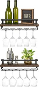Wall Mounted Wine Shelves Set of 2 Wood Rustic Wine Bottle Glass Floating Racks with Stemware Hanger Modern Plants Photos Wine Display Storage Holder for Kitchen Dining Room Bar