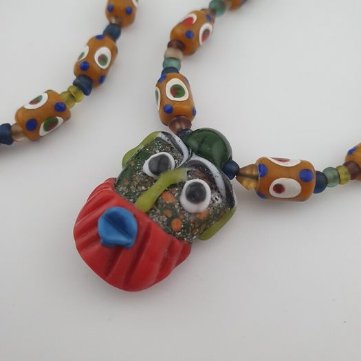 Vintage Venetain Style delicate Dotted Glass Beads & Old Face Glass Pendant Necklace