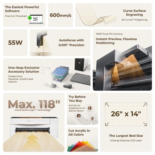 xTool P2S 55W CO2 Laser Cutter / Engraver + Accessories