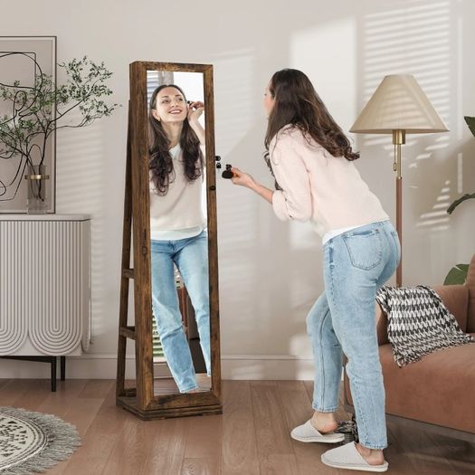 360 Swivel Jewellery Cabinet, Free Standing Full Length Mirror with Storage, Lockable Jewellery Organiser with Built-in Makeup Mirror and Storage Shelves for Bedroom, Rustic Brown