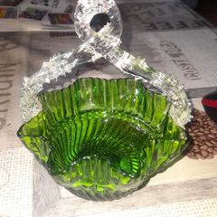 Rare Antique Basket Glass Trinket Bowl, It features a vibrant green, swirled bowl with a crimped or ruffled edge late 19th to the mid 20th century