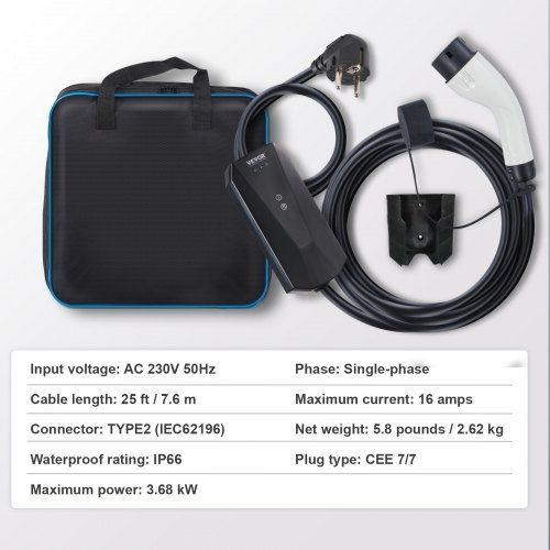Portable EV Charger Type 2, 16A 3.7 kW, Electric Vehicle Car Charger with 28 ft Charging Cable CEE 7/7 Plug, IEC 62196 Home EV Charging Station with Storage Bag Charging Cable Hook, IP66
