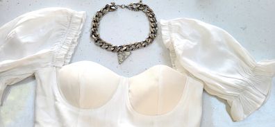 PLT white padded cropped bra top with puff cap sleeves Sz 10UK - Bnwot