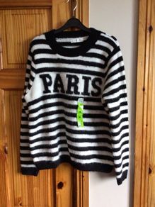 Ladies Black and white striped jumper W wool content M  includes postage