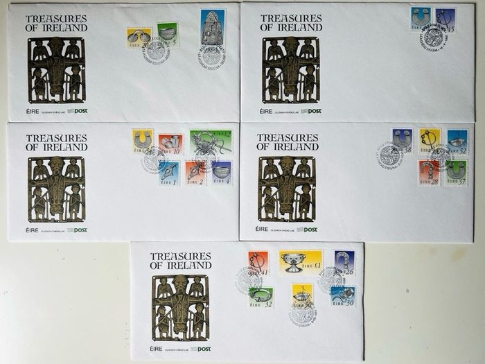 Ireland 1990-92 Irish Treasures Full Set 5 X Fdc Envelopes 22 X Eire Stamps Rare
