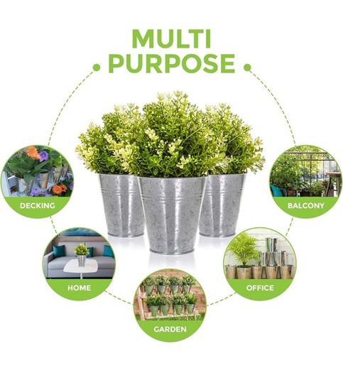 Pack of 12 Galvanised Iron Metal Flower Pots in Weather Resistant Metal for Indoor or Outdoor Use, Ideal for Plants, Herb Collection, Flowers and Shrubs