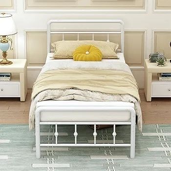 Single Bed Frame 3ft with Headboard and Footboard, Single Metal Bed Frame 46 cm High with Steel Slats Support, Noise Free, Easy Assembly, White