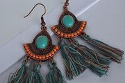 Antique Copper Turquoise Fan Tassel Earrings