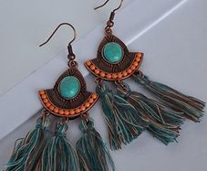 Antique Copper Turquoise Fan Tassel Earrings