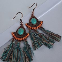Antique Copper Turquoise Fan Tassel Earrings