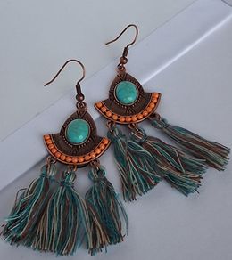 Antique Copper Turquoise Fan Tassel Earrings