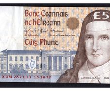 1999 Ireland IR5 Catherine McAuley Banknote Series C. Note issued 15/10/99. Serial number XUM267133
