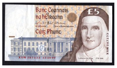 1999 Ireland IR5 Catherine McAuley Banknote Series C. Note issued 15/10/99. Serial number XUM267133