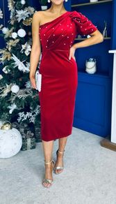 Canella Lane red velvet one shoulder dress