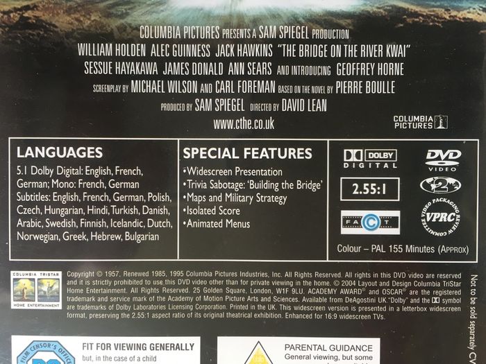 The Bridge On The River Kwai (David Lean Film) [1957] William Holden, Alec Guinness, Jack Hawkins & Sessue Hayakawa [Movie DVD] Academy Award Winner