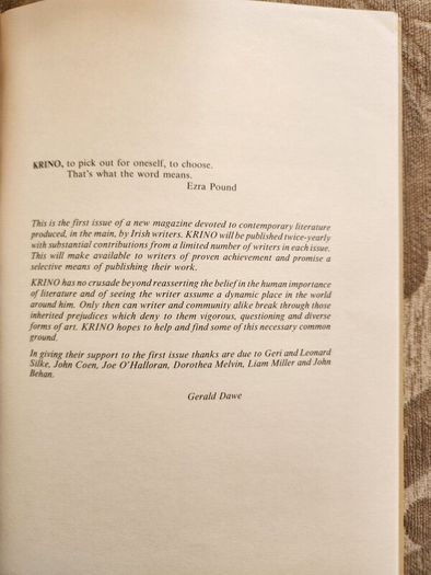 Krino. Literary Magazine No1 Spring 1986. First Edition Paperback In Very Good Condition M