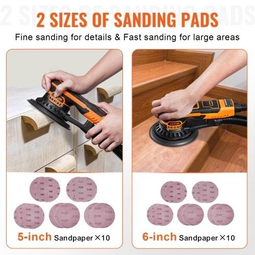Random Orbital Sander 5 & 6-Inch, 350W Brushless Orbital Sander, 10,000 PRM 6 Variable Speed Electric Palm Sander with 20PCS Sandpapers, Dust Connector & Hose for Woodworking Detailing Sanding