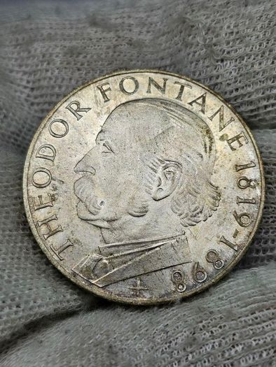 1969 G Germany 5 Mark Theodor Fontane Silver Coin
