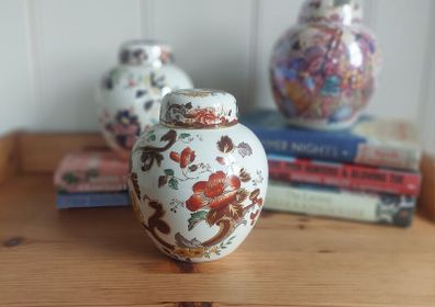 Fabulous Vintage Masons Ironstone Medium Sized (7 inch tall) Lidded Prunus Jar/Ginger Jar in the Brown Velvet Pattern, Circa 1923-1940