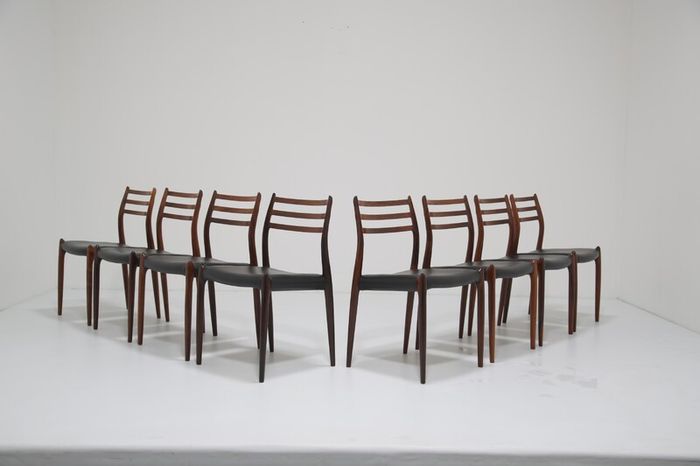 Vintage Set of 8 Rosewood and Leather Dining Chairs Model 78 by Niels Otto Moller, 1960s
