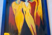 Oil on board 3 women framed and glazed in a nice blue frame unsigned