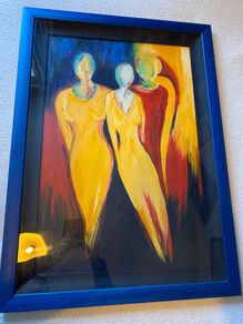 Oil on board 3 women framed and glazed in a nice blue frame unsigned