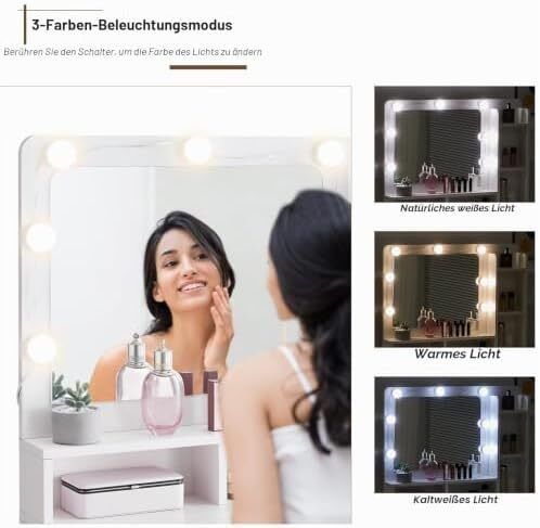 Dressing Table with Hollywood LED Mirror, Light Adjustable Brightness, Dressing Table, Padded Stool Set, White, Wooden Cosmetic Table with Drawer and Storage Cabinet