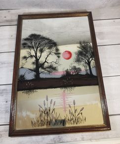 Vintage Screen Printed Mirror Scandecor Style 19x13 Sunset Swedish Home Decor