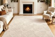 Washable Rugs Living Room 160x230cm Non-Slip Large Fluffy Geometric Rug High Low Effect Modern Design Carpet High Pile Bedside Area Rug for Bedroom Dining Room Office Lounge Decor,Beige