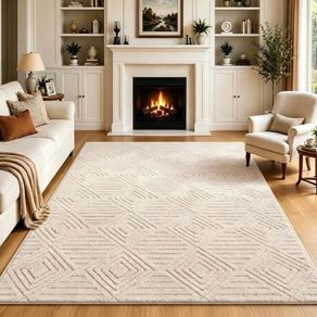 Washable Rugs Living Room 160x230cm Non-Slip Large Fluffy Geometric Rug High Low Effect Modern Design Carpet High Pile Bedside Area Rug for Bedroom Dining Room Office Lounge Decor,Beige