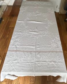 Vintage Hand Embroidered Large Fine Linen Tablecloth