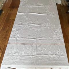 Vintage Hand Embroidered Large Fine Linen Tablecloth