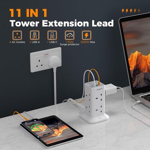 Tower Extension Lead with USB C Slots, TESSAN 8 Way Plug Extension Socket with Switch, Surge Protected Power Strip with 2M Cable for Home, School Supplies