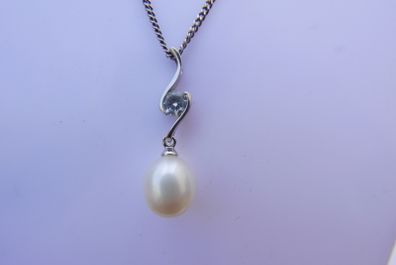 Sterling Silver 925 Freshwater Pearl & Cubic Zircon Pear Pendant length 16" / 3,96g