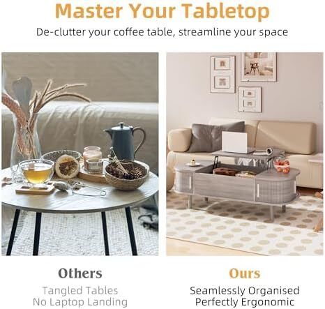 Coffee Table with Lift Top - Wooden Modern Centre Table with Unique Textured & Hidden Storage, for Living Room, Bedroom, Small Space, Home Office