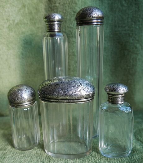 Antique Edwardian 1800s Set 5 Sterling Silver Cut Glass Vanity Pin Bottles Jars